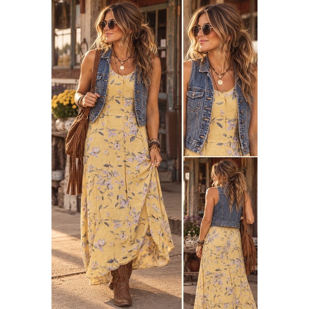 90s Butter Mom Sheri Martin Yellow Floral Linen Blend Sleeveless Maxi Dress 10